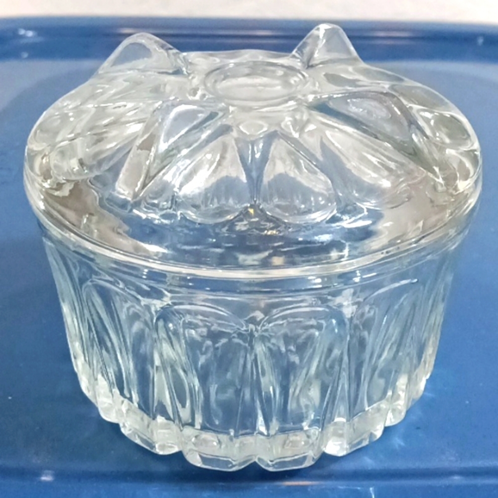 Vintage Mid-Century Clear Glass Powder Jar with Lidded Atomic Sunburst Base